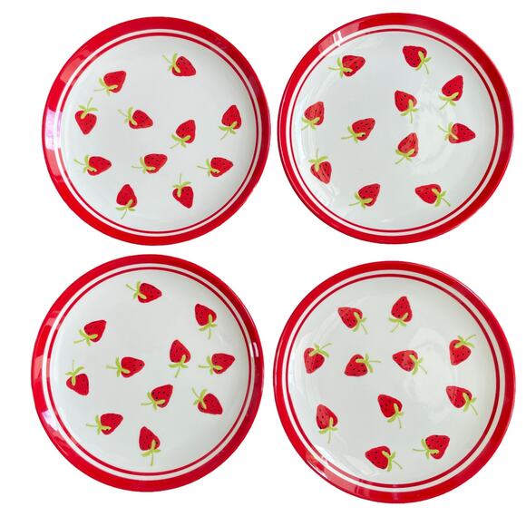 TERRAMOTO Strawberry Summer Ceramic 10.5" Plates Red and White Set of 4 NEW - Picture 7 of 8